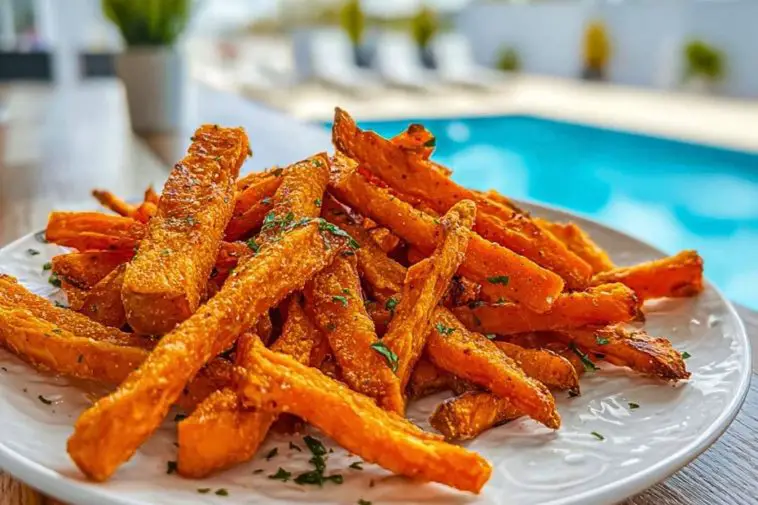Crispy Air Fryer Sweet Potato Fries stacked on a white plate outdoors by a sunny poolside.