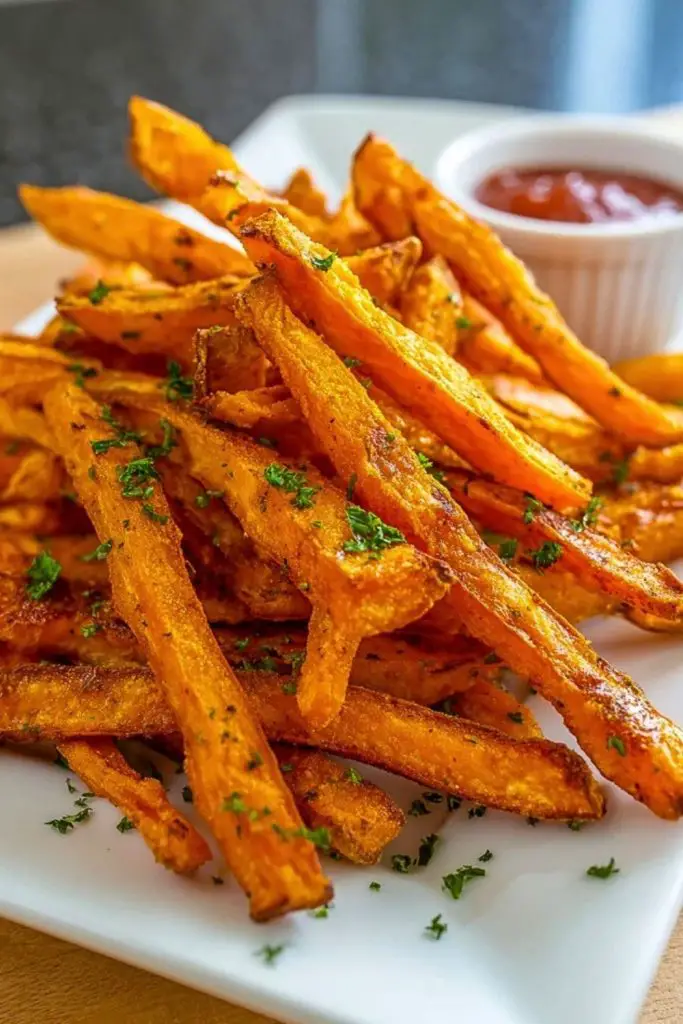 Close-up of golden Air Fryer Sweet Potato Fries on a square plate with chopped parsley and ketchup on the side. Ask ChatGPT
