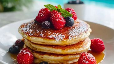 Plate of golden Almond Flour Pancakes topped with strawberries, raspberries, blueberries, and mint, served by a poolside.