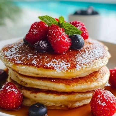 Plate of golden Almond Flour Pancakes topped with strawberries, raspberries, blueberries, and mint, served by a poolside.