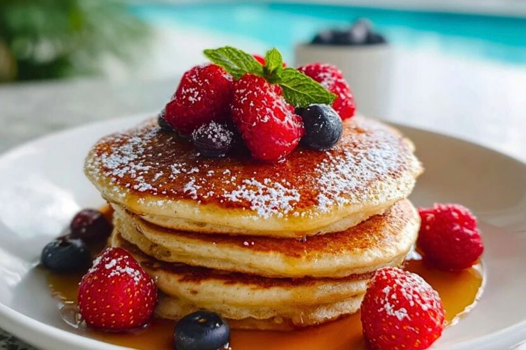 Plate of golden Almond Flour Pancakes topped with strawberries, raspberries, blueberries, and mint, served by a poolside.