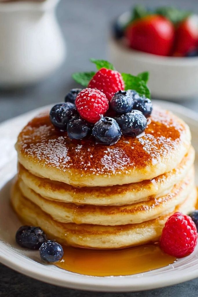 Stack of fluffy Almond Flour Pancakes with powdered sugar, blueberries, and raspberries on a white plate.