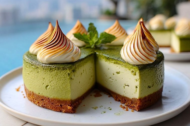 Baked Vanilla Matcha Cheesecake with Basque Twist
