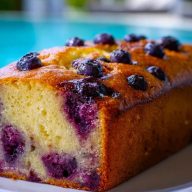 Golden blueberry bread loaf by a poolside, bursting with juicy whole blueberries throughout the moist, fluffy crumb.