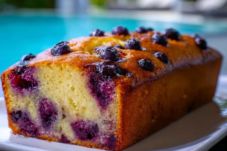 Golden blueberry bread loaf by a poolside, bursting with juicy whole blueberries throughout the moist, fluffy crumb.