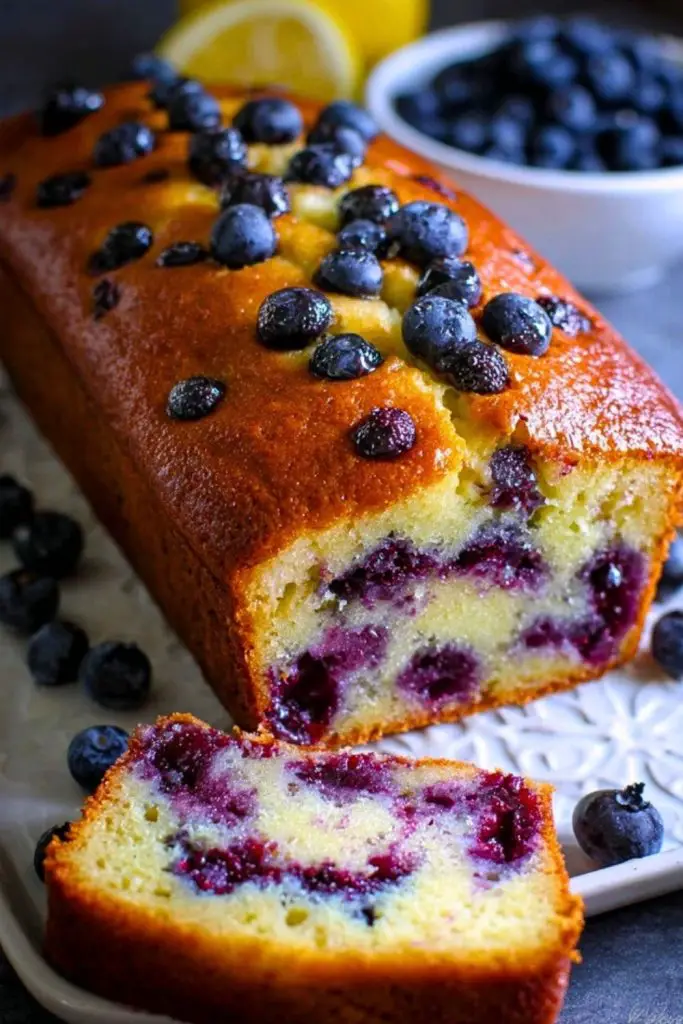 Sliced blueberry bread on a white platter, packed with vibrant berries and topped with whole blueberries, with lemon and fresh berries in the background.Sliced blueberry bread on a white platter, packed with vibrant berries and topped with whole blueberries, with lemon and fresh berries in the background.