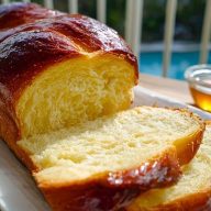 Golden braided Buttery Brioche Bread sliced on a white plate, showing its soft, fluffy texture with a glossy crust.