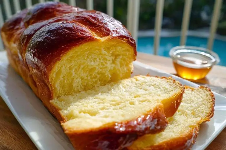 Golden braided Buttery Brioche Bread sliced on a white plate, showing its soft, fluffy texture with a glossy crust.