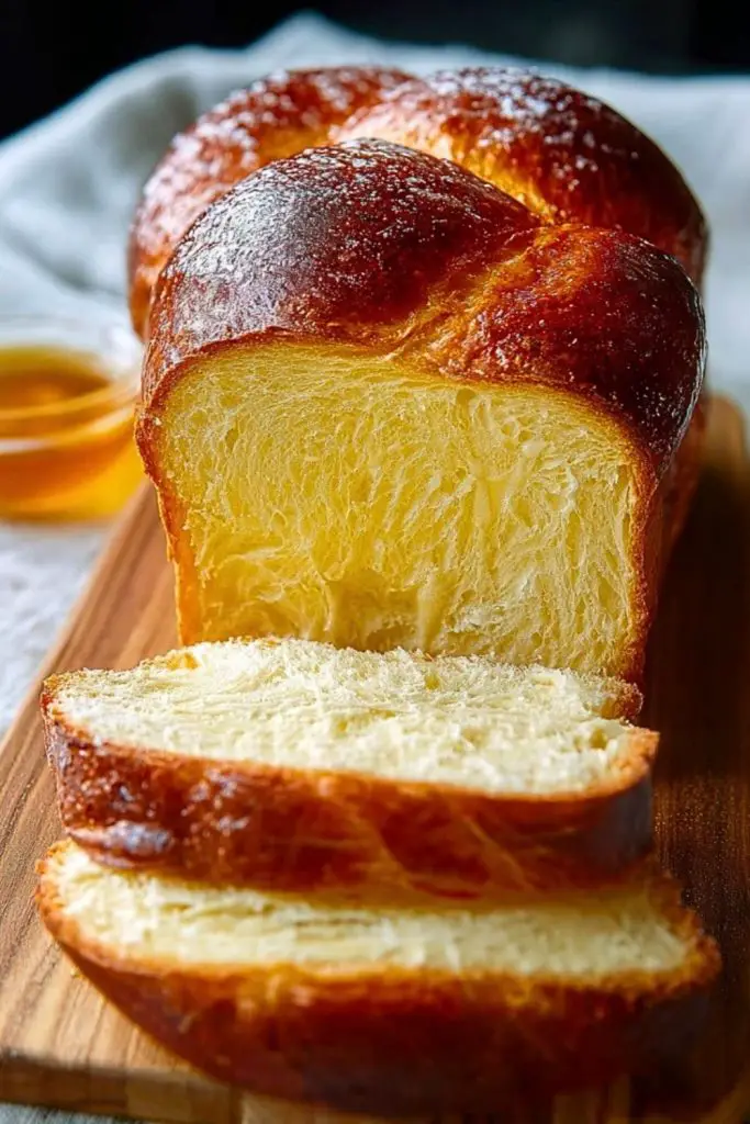 Freshly baked Buttery Brioche Bread on a wooden board, with airy strands and a deep golden top, perfect for breakfast.