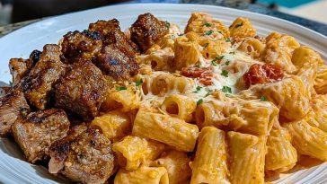 Seared steak bites with creamy Cajun rigatoni pasta, topped with melted cheese and herbs on a white plate.
