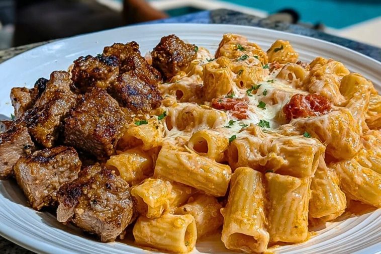Seared steak bites with creamy Cajun rigatoni pasta, topped with melted cheese and herbs on a white plate.