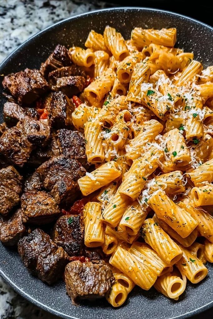 Cast iron skillet filled with Cajun steak cubes and cheesy rigatoni pasta garnished with shredded Parmesan and parsley.