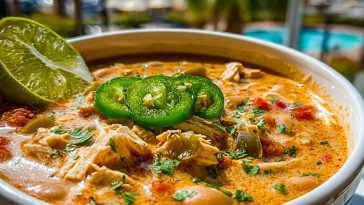 A close-up of Cajun White Chicken Chili served with lime wedge and jalapeño slices, with a tropical poolside background.