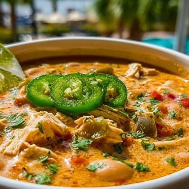 A close-up of Cajun White Chicken Chili served with lime wedge and jalapeño slices, with a tropical poolside background.