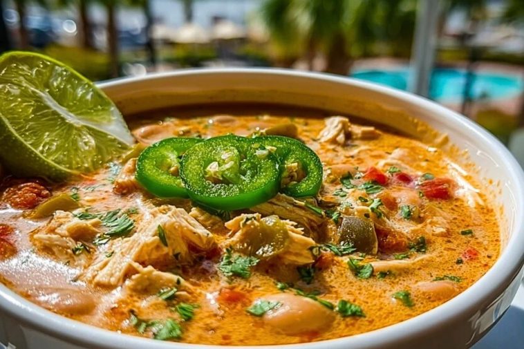 A close-up of Cajun White Chicken Chili served with lime wedge and jalapeño slices, with a tropical poolside background.