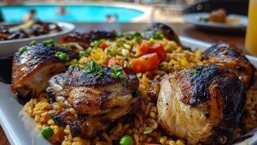 Grilled Caribbean chicken thighs served over spiced rice with carrots, peas, and herbs on a white platter beside a pool.