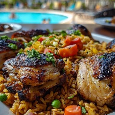 Grilled Caribbean chicken thighs served over spiced rice with carrots, peas, and herbs on a white platter beside a pool.