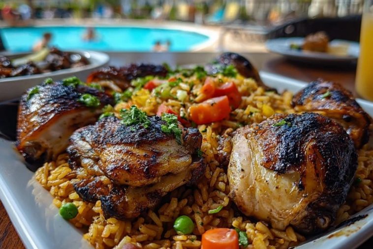 Grilled Caribbean chicken thighs served over spiced rice with carrots, peas, and herbs on a white platter beside a pool.