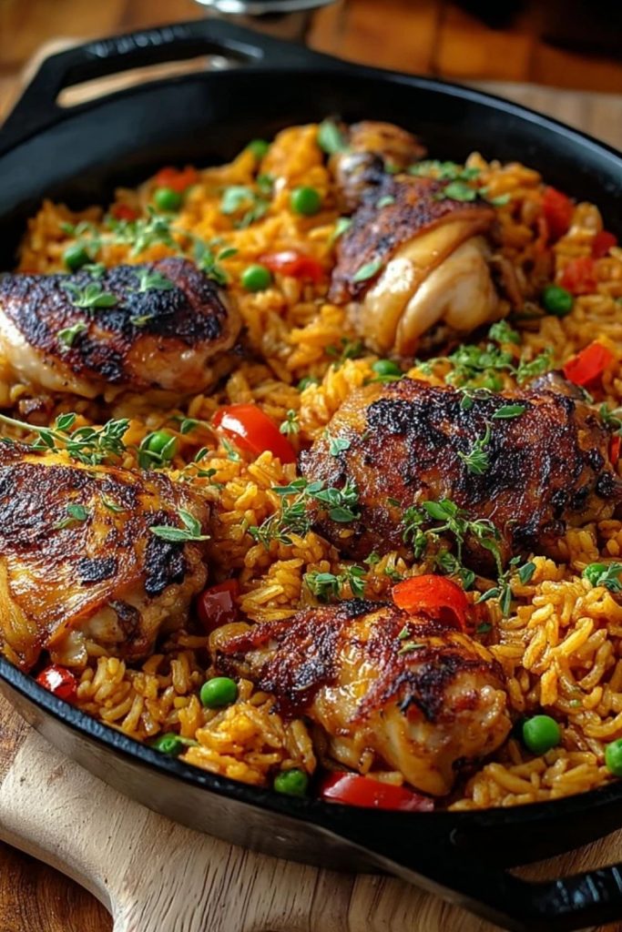 Close-up of seared Caribbean chicken thighs in a skillet over golden rice with red peppers, peas, and fresh herbs.