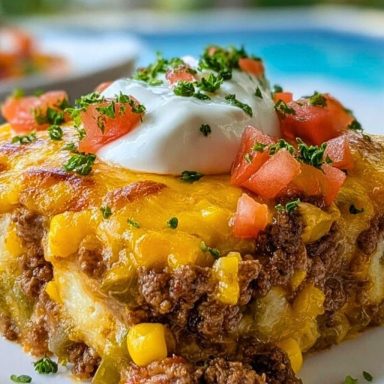 Cheesy Cattle Drive Casserole slice topped with sour cream, chopped tomatoes, and parsley served poolside on a white plate.