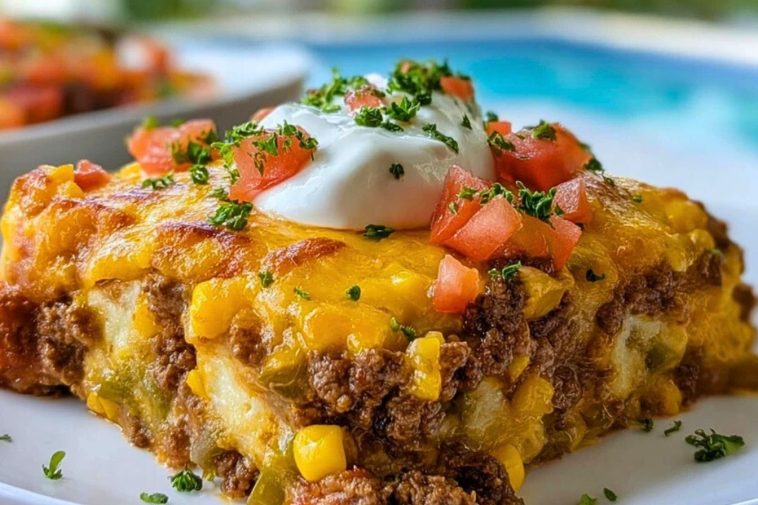 Cheesy Cattle Drive Casserole slice topped with sour cream, chopped tomatoes, and parsley served poolside on a white plate.