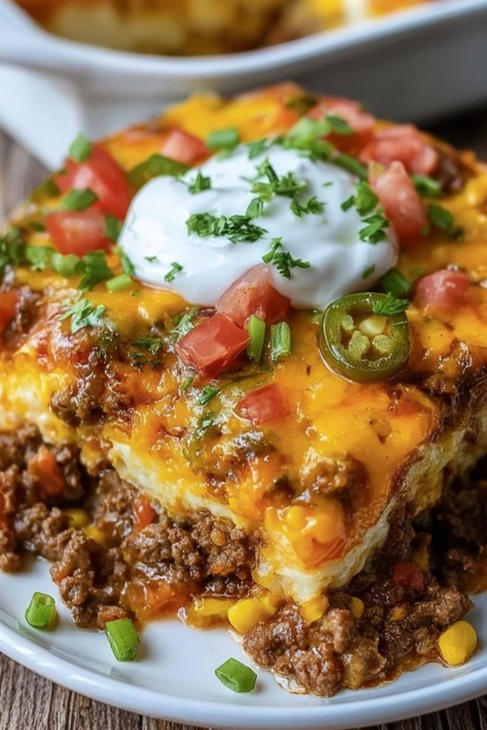 Close-up of Cattle Drive Casserole layered with beef, corn, cheddar, and biscuit, topped with sour cream, diced tomatoes, jalapeños, and herbs.