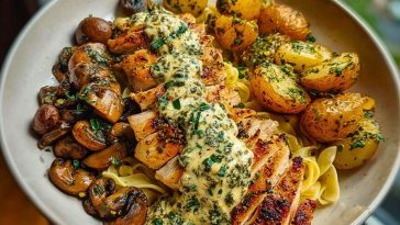 Chestnut Garlic Greek Chicken Alfredo with Sage Potatoes & Mushroom Basil Pesto Cream