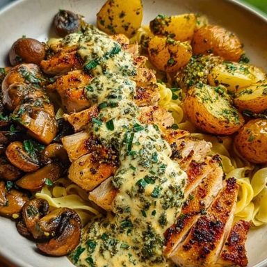 Chestnut Garlic Greek Chicken Alfredo with Sage Potatoes & Mushroom Basil Pesto Cream