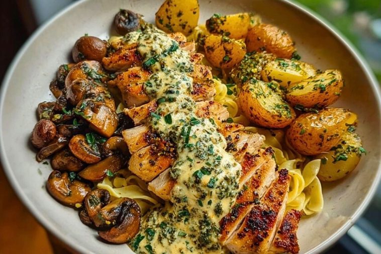Chestnut Garlic Greek Chicken Alfredo with Sage Potatoes & Mushroom Basil Pesto Cream