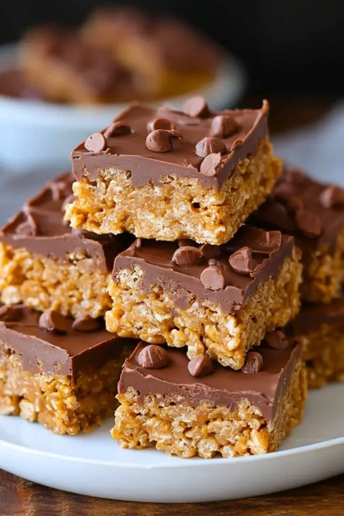 Stacked Chewy Special K Bars with a thick chocolate layer and chocolate chips, shown up close on a dessert plate.