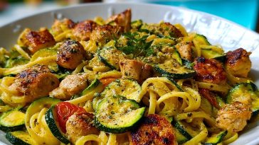 Chicken Zucchini Pasta served in a white bowl with seared chicken, zucchini rounds, and creamy pasta near a bright poolside setting.
