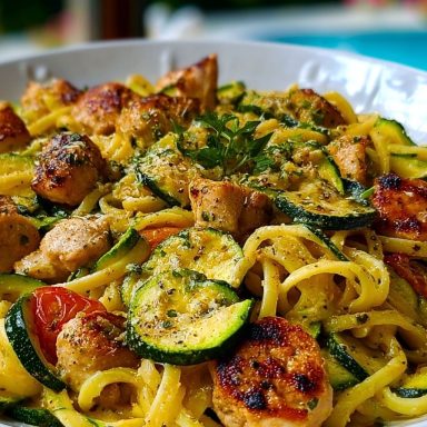 Chicken Zucchini Pasta served in a white bowl with seared chicken, zucchini rounds, and creamy pasta near a bright poolside setting.