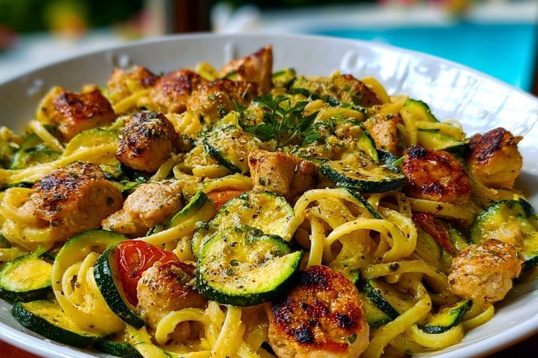 Chicken Zucchini Pasta served in a white bowl with seared chicken, zucchini rounds, and creamy pasta near a bright poolside setting.