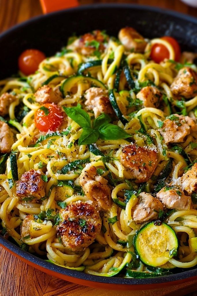 Close-up of Chicken Zucchini Pasta in a skillet with cherry tomatoes, fresh basil, and golden chicken pieces over creamy linguine.