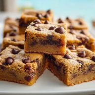 Golden chocolate chip cookie bars stacked on a white plate with a soft chewy center and visible chocolate chips, by the seaside.