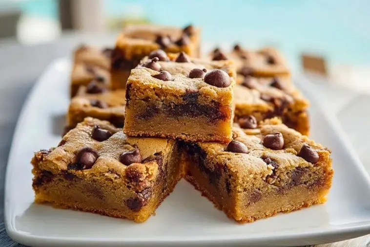 Golden chocolate chip cookie bars stacked on a white plate with a soft chewy center and visible chocolate chips, by the seaside.