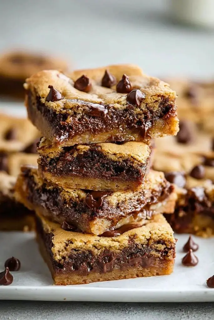 Close-up of gooey chocolate chip cookie bars stacked in layers, oozing melted chocolate chips from the rich cookie dough base.