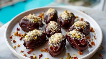 Chocolate Covered Dates on a white plate topped with pistachios and coconut, styled beside a poolside background.