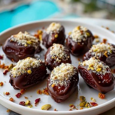 Chocolate Covered Dates on a white plate topped with pistachios and coconut, styled beside a poolside background.