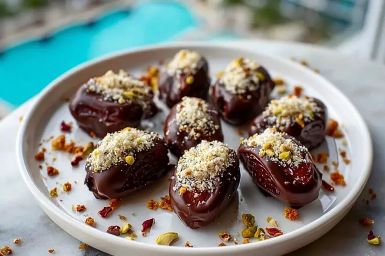 Chocolate Covered Dates on a white plate topped with pistachios and coconut, styled beside a poolside background.