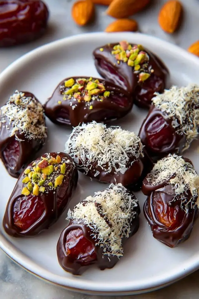Close-up of glossy Chocolate Covered Dates garnished with crushed pistachios and shredded coconut on a round plate.
