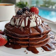 A stack of Chocolate Pancakes topped with whipped cream, berries, and chocolate drizzle, served beside a coffee cup by a poolside.