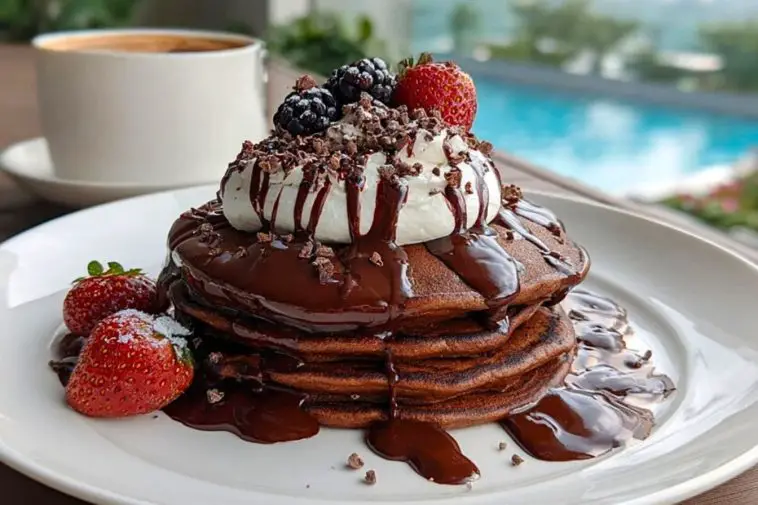 A stack of Chocolate Pancakes topped with whipped cream, berries, and chocolate drizzle, served beside a coffee cup by a poolside.