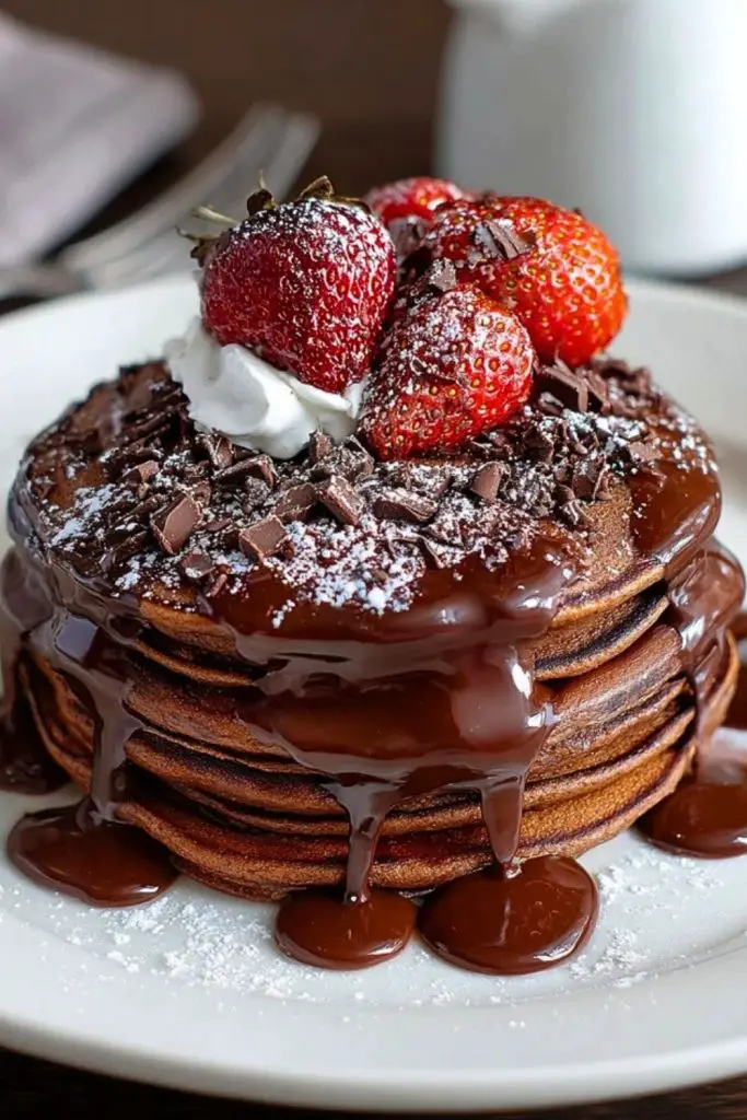 Chocolate Pancakes stacked high and covered in melted chocolate, topped with whipped cream, strawberries, and chocolate chunks.