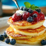 Stack of golden Cottage Cheese Pancakes topped with raspberries, blueberries, cream, and fresh mint on a white plate.