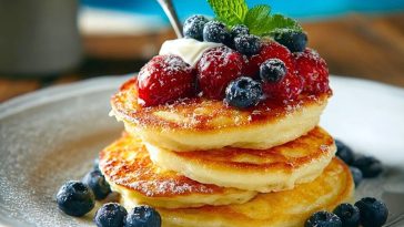 Stack of golden Cottage Cheese Pancakes topped with raspberries, blueberries, cream, and fresh mint on a white plate.