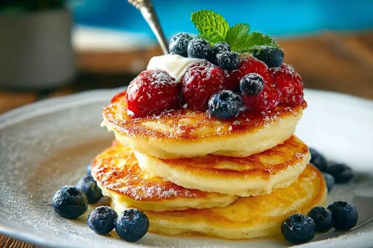 Stack of golden Cottage Cheese Pancakes topped with raspberries, blueberries, cream, and fresh mint on a white plate.