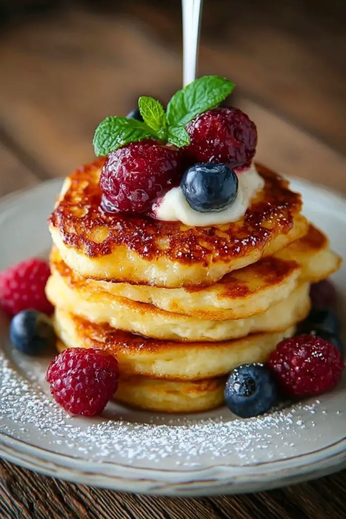Cottage Cheese Pancakes stacked with berries, yogurt, and mint on a white plate, dusted with powdered sugar on a wooden table.