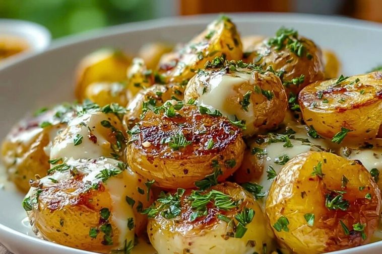 Roasted baby potatoes with golden edges and creamy garlic sauce, garnished with parsley in a white serving bowl.