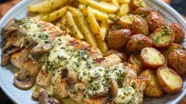 Creamy Garlic Mushroom Alfredo Chicken & Potatoes with Basil Pesto
